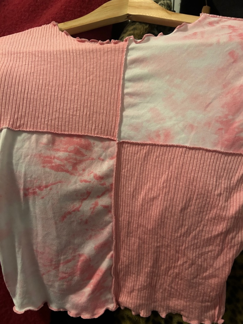 Pink Patchwork Ribbed Crop Top - Women's Casual Tee
